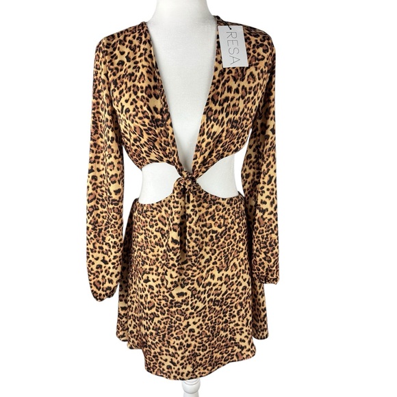 NWT RESA Jojo Mini Dress in Paris Leopard Cheetah Cutout Open Back Tie Small S - Picture 2 of 14